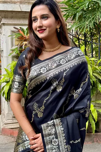 Black woven self design pure silk banarasi saree with blouse