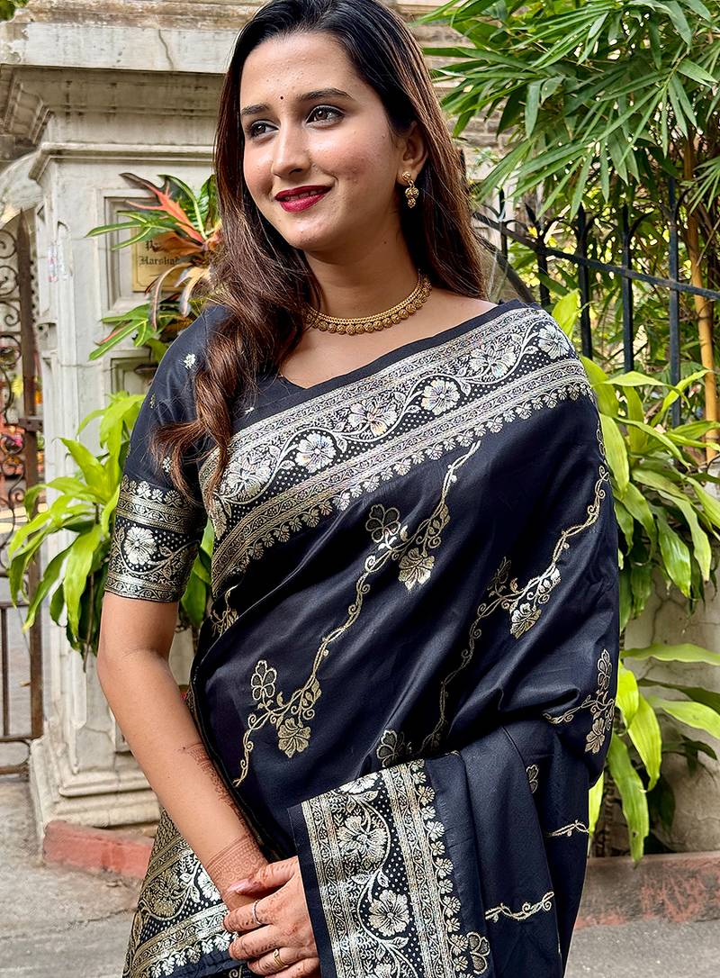 Black woven self design pure silk banarasi saree with blouse