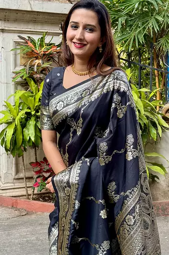Black woven self design pure silk banarasi saree with blouse