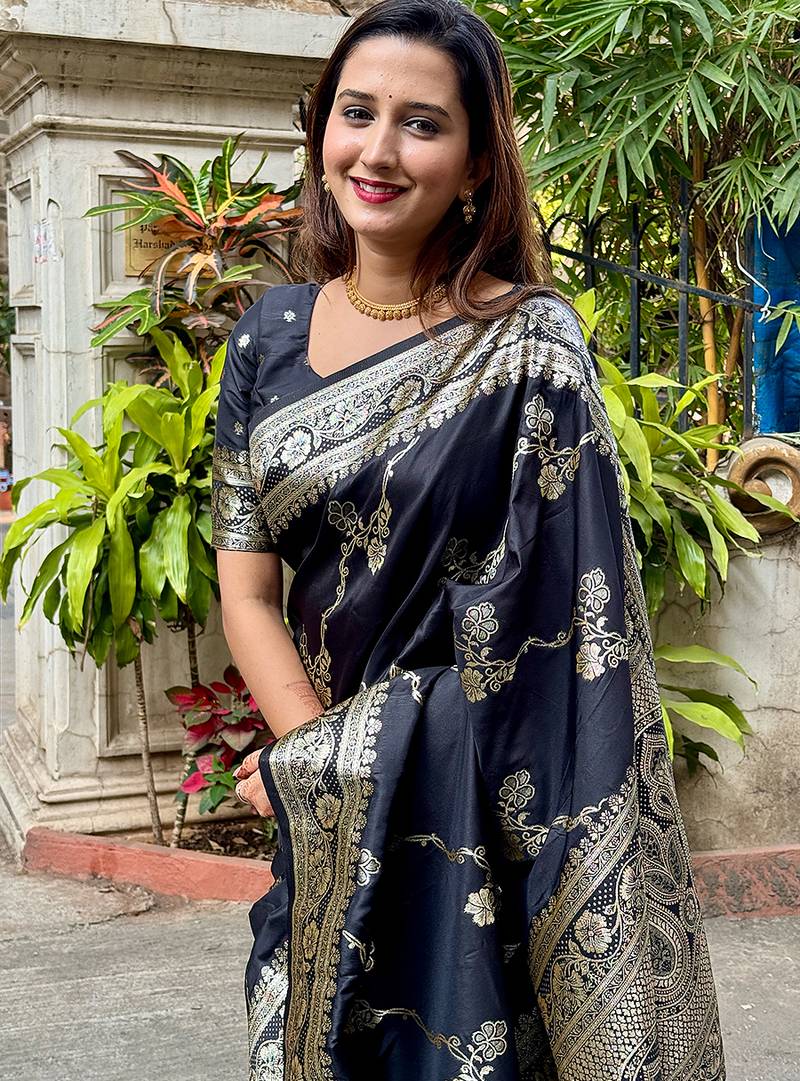 Black woven self design pure silk banarasi saree with blouse