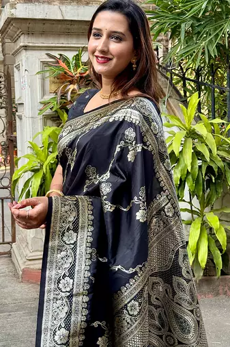 Black woven self design pure silk banarasi saree with blouse