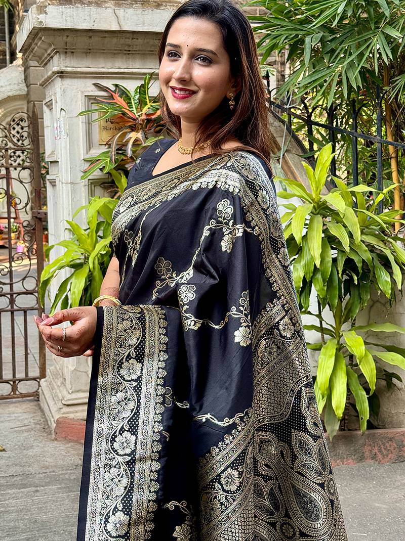 Black woven self design pure silk banarasi saree with blouse
