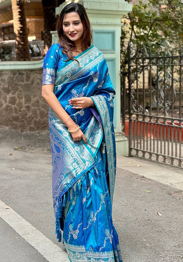 Blue woven self design pure silk banarasi saree with blouse