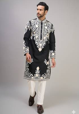 black silk kurta pant set with embroidered work 1