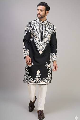 black silk kurta pant set with embroidered work