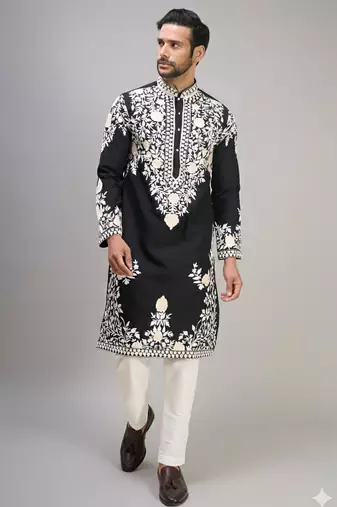 black silk kurta pant set with embroidered work