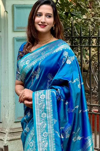 Blue woven self design pure silk banarasi saree with blouse