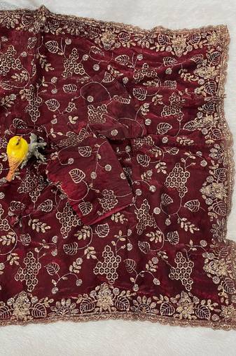 Wine Color Beads With Copper Sequins Work Satin Silk Saree