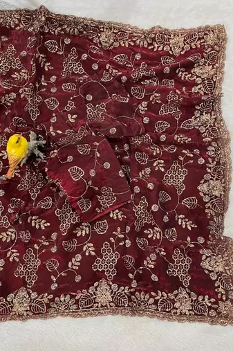 Wine Color Beads With Copper Sequins Work Satin Silk Saree