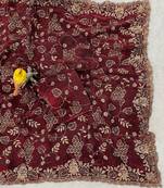 Wine Color Beads With Copper Sequins Work Satin Silk Saree