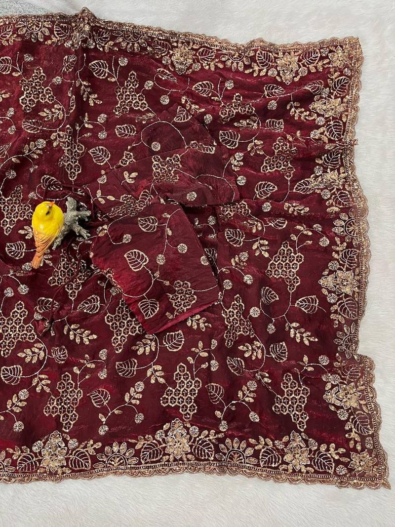 Wine Color Beads With Copper Sequins Work Satin Silk Saree