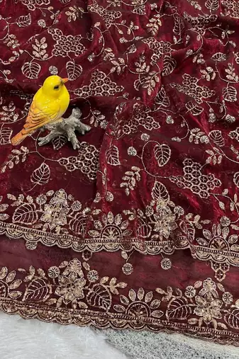 Wine Color Beads With Copper Sequins Work Satin Silk Saree