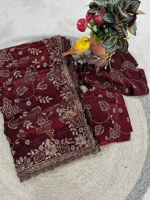 Wine Color Beads With Copper Sequins Work Satin Silk Saree 3