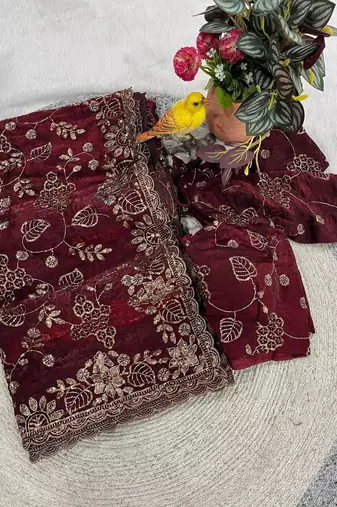 Wine Color Beads With Copper Sequins Work Satin Silk Saree
