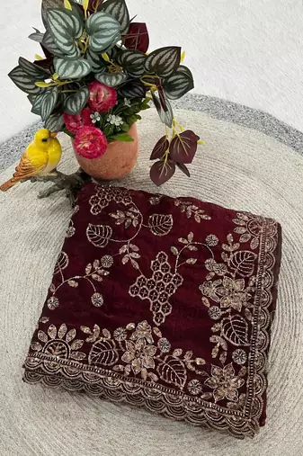 Wine Color Beads With Copper Sequins Work Satin Silk Saree
