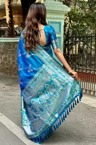 Blue woven self design pure silk banarasi saree with blouse