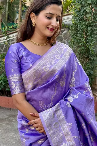 Lavender woven self design pure silk banarasi saree with blouse