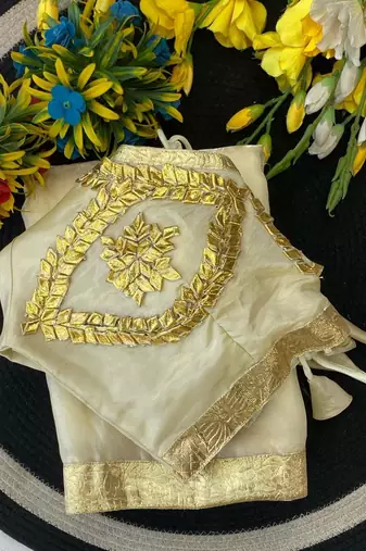 White Color Gota And Self Design Gota Patta Touch-Up Work Satin Saree