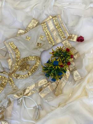 White Color Gota And Self Design Gota Patta Touch-Up Work Satin Saree 3
