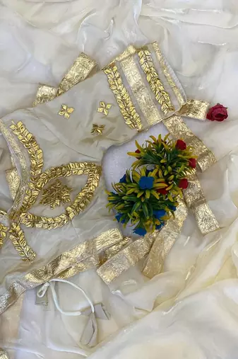 White Color Gota And Self Design Gota Patta Touch-Up Work Satin Saree