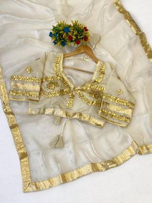 White Color Gota And Self Design Gota Patta Touch-Up Work Satin Saree 1
