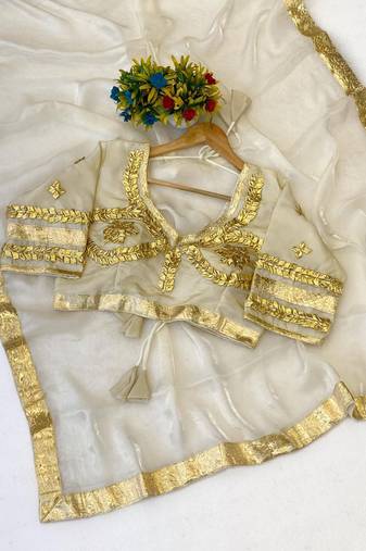 White Color Gota And Self Design Gota Patta Touch-Up Work Satin Saree