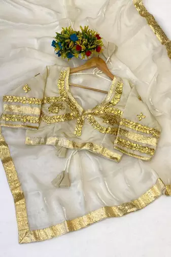 White Color Gota And Self Design Gota Patta Touch-Up Work Satin Saree