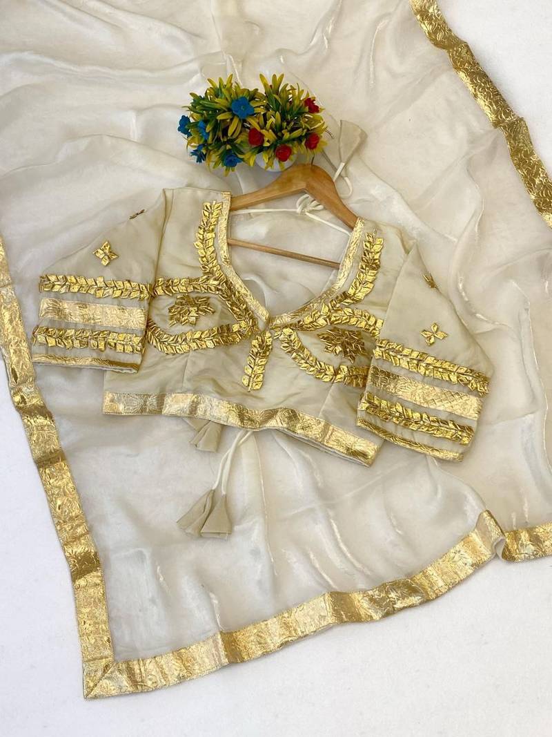 White Color Gota And Self Design Gota Patta Touch-Up Work Satin Saree