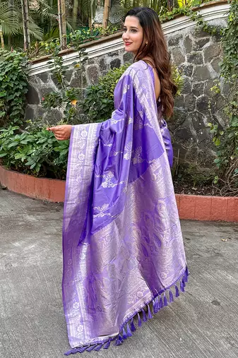 Lavender woven self design pure silk banarasi saree with blouse