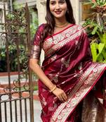 Maroon woven self design pure silk banarasi saree with blouse