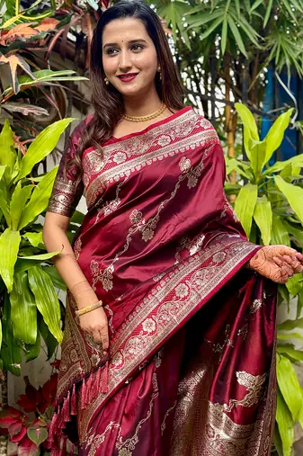 Maroon woven self design pure silk banarasi saree with blouse