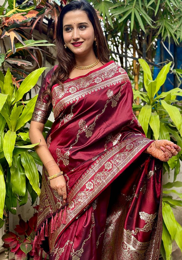 Maroon woven self design pure silk banarasi saree with blouse