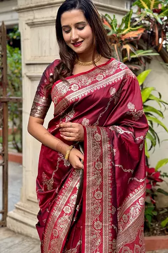 Maroon woven self design pure silk banarasi saree with blouse