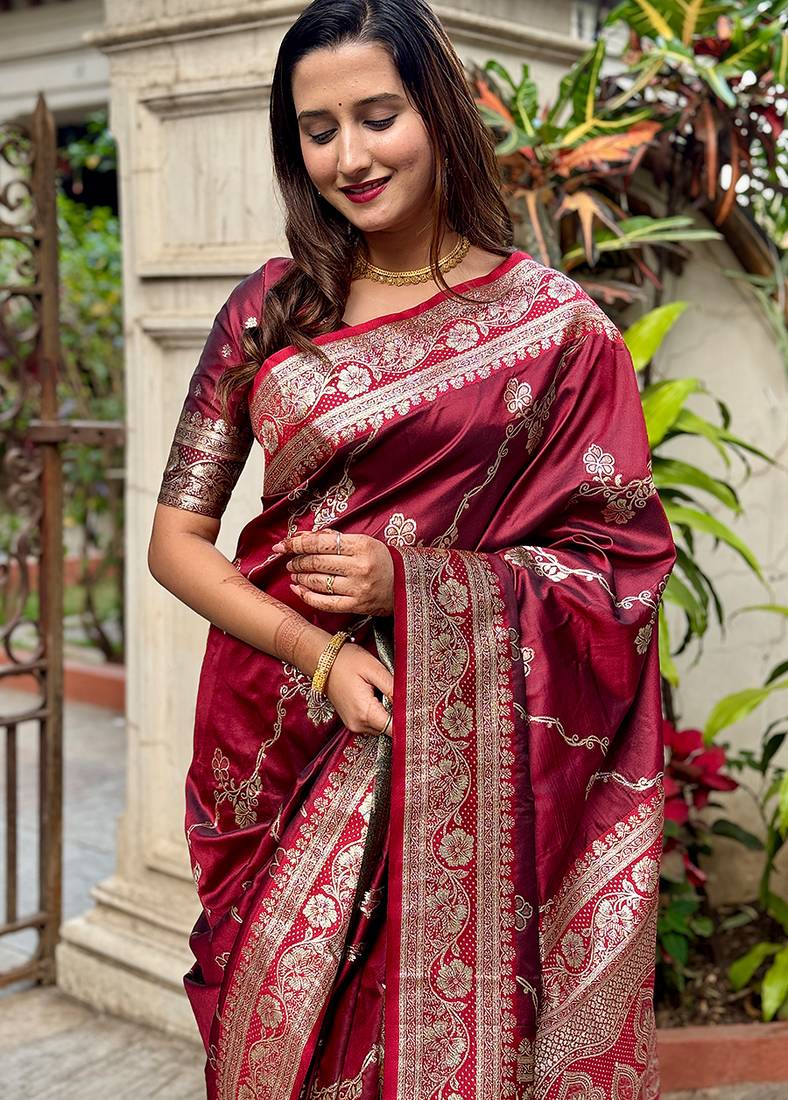 Maroon woven self design pure silk banarasi saree with blouse