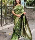 Mehendi woven self design pure silk banarasi saree with blouse