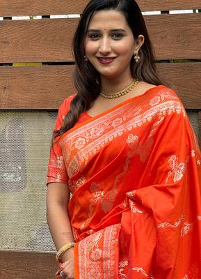 Orange woven self design silk blend banarasi saree with blouse 2