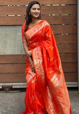 Orange woven self design silk blend banarasi saree with blouse 3