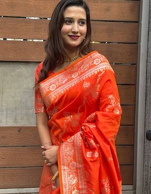 Orange woven self design silk blend banarasi saree with blouse 4