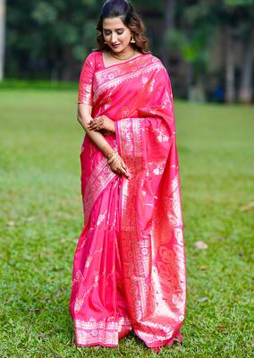 Pink woven self design silk blend banarasi saree with blouse 1