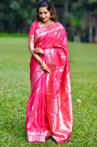 Pink woven self design pure silk banarasi saree with blouse