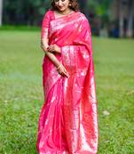 Pink woven self design pure silk banarasi saree with blouse