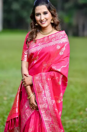 Pink woven self design pure silk banarasi saree with blouse