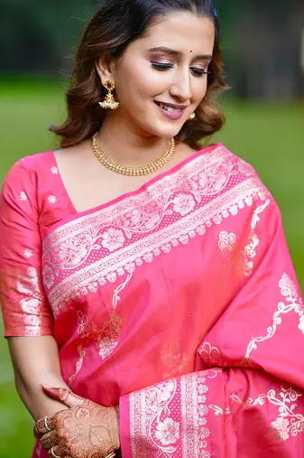 Pink woven self design pure silk banarasi saree with blouse
