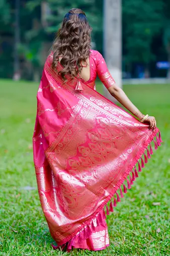 Pink woven self design pure silk banarasi saree with blouse