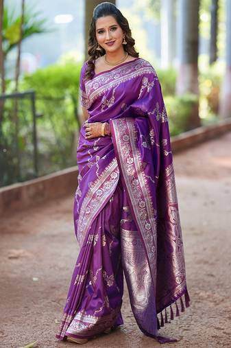 Purple woven self design pure silk banarasi saree with blouse