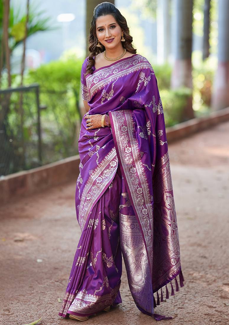 Purple woven self design pure silk banarasi saree with blouse