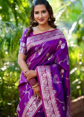 Purple woven self design silk blend banarasi saree with blouse 2