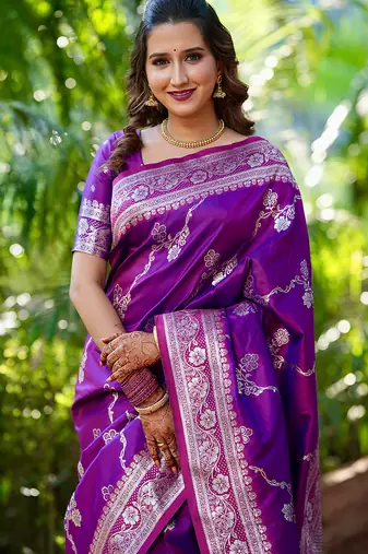 Purple woven self design pure silk banarasi saree with blouse