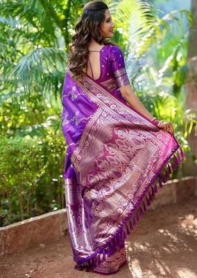 Purple woven self design silk blend banarasi saree with blouse 4