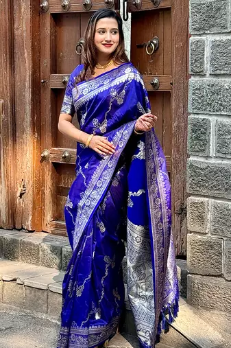 Royal blue woven self design pure silk banarasi saree with blouse
